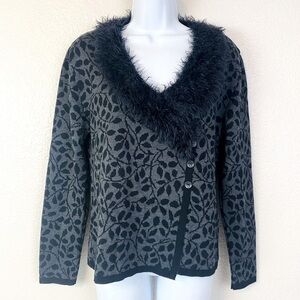 Skovhuus Black Print Wool Blend V Faux Fur Neck Sweater Size M